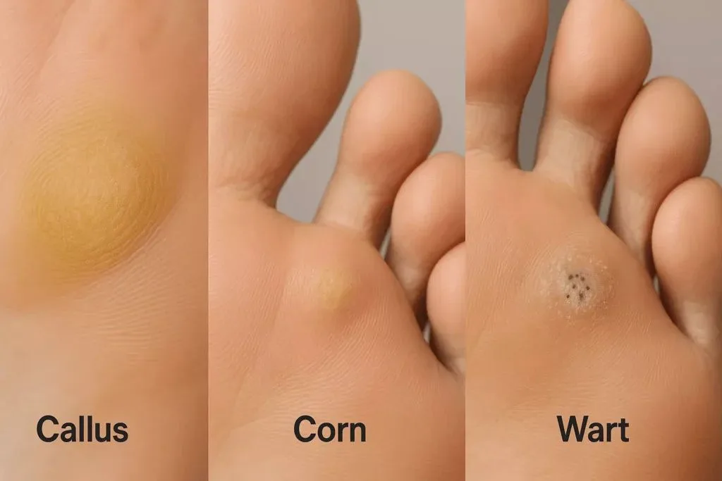 Close-ups of a callus, a corn and a plantar wart on the sole of the foot